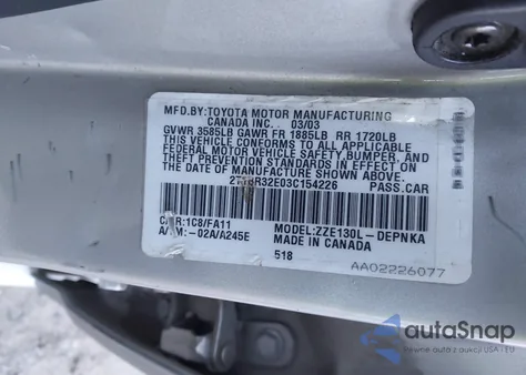 2003 Toyota Corolla Le z USA, uszkodzony, nr VIN 2T1BR32E03C154226